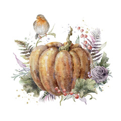 Colorful watercolor pumpkin with roses, fern, herbs and bird. Helloween element. Thanksgiving greeting card template. Digital illustration.	