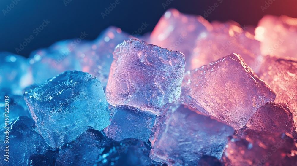 Poster refreshing ice cubes illuminated with vibrant colors creating a cool and inviting atmosphere in stud
