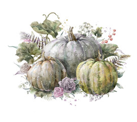Colorful watercolor pumpkin set with leaves, fern, roses and herbs. Helloween element. Pumpkins composition. Digital illustration.	