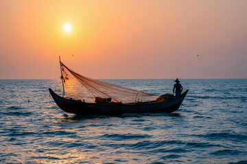 a man fishing on a boat in a lake at sunset with mountains in the background and a purple sky