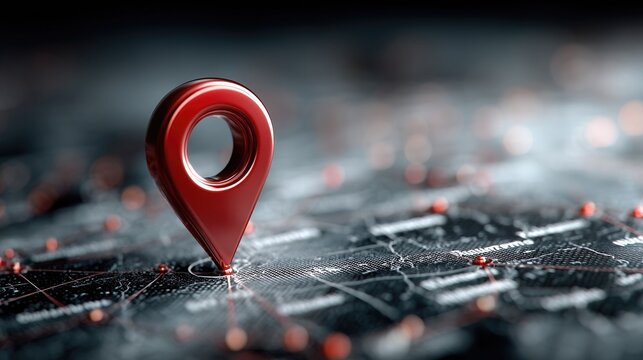 Red Metallic Location Pin on Digital Network Map With Nodes and Connections – Geolocation, Navigation, and Tech Connectivity Concept for Wallpaper, Poster, Modern Design