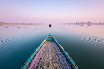 a man fishing on a boat in a lake at sunset with mountains in the background and a purple sky