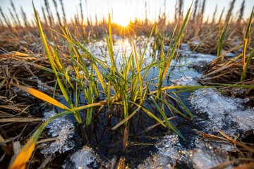 Spring thaw in a marsh.  Sunlight filters through grasses
