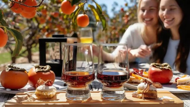 A symmetrical composition of a stylish Korean couple in their s enjoying a persimmon wine flight and gourmet canaps made with dried persimmons and soft ripe hongsi Set in a sunlit pers
