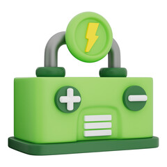 Battery icon featuring lightning bolt, plus minus terminal, power bar, energy symbol, and electric flow. Represents clean charge, eco power, and modern grid. Transparent background, 3d illustration.