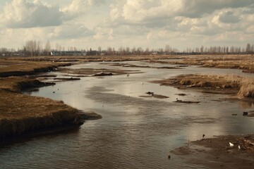 A serene river winds through a grassy, marshy landscape under a cloudy sky