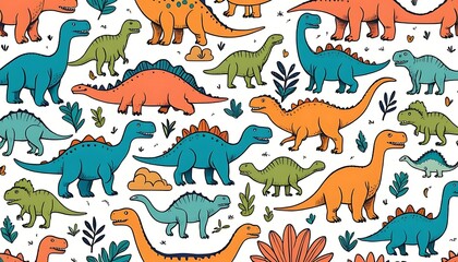 Colorful hand-drawn dinosaurs pattern for kids