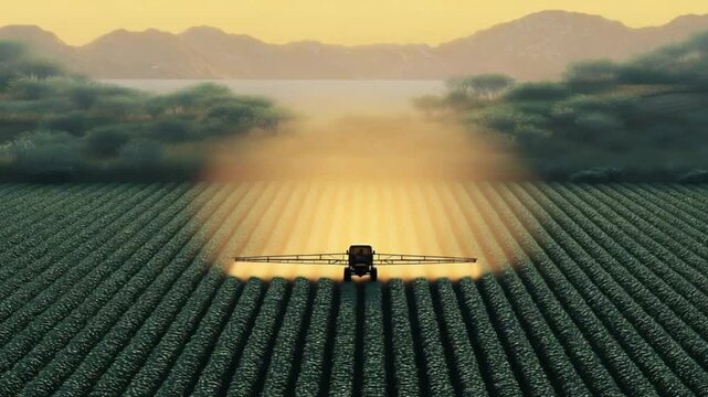 A tractor spraying pesticides on a lush green soybean field perfectly aligned rows of soybean plants stretching to the horizon mist of chemicals visible behind the sprayer arms early mo