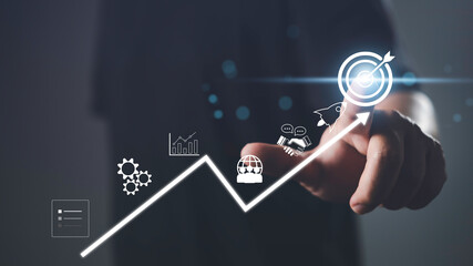 Business growth strategy concept with upward arrow and goal target icon. Strategic planning for success and performance improvement.