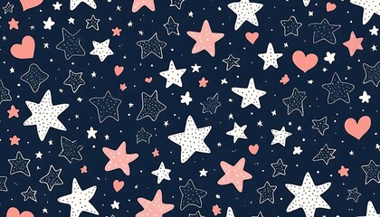 Seamless cute doodle pattern with stars and hearts