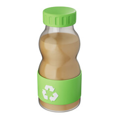 Eco bottle with recycle symbol, green cap, and natural drink, showing organic liquid, clean design, plastic container, sustainability concept, transparent background, 3d illustration