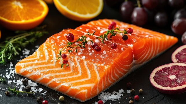 Fresh atlantic salmon fillet with citrus fruit gourmet herbs spices on slate stone background cooking food