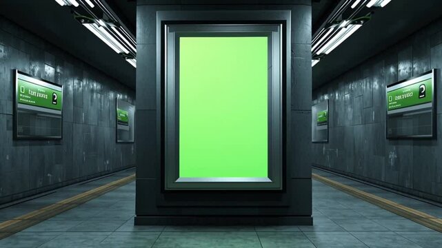 Empty subway station platform with a vertical green screen billboard in the center, ideal for urban advertising mockups and digital signage