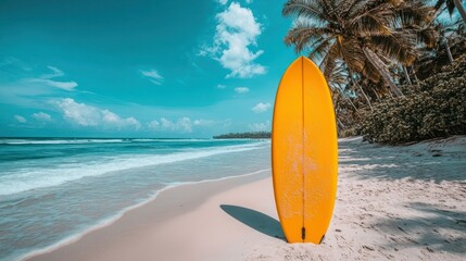 Bright yellow surfboard on tropical beach