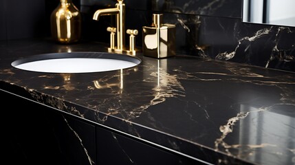 Black marble with white and gold veining, high gloss finish, ambient light reflections