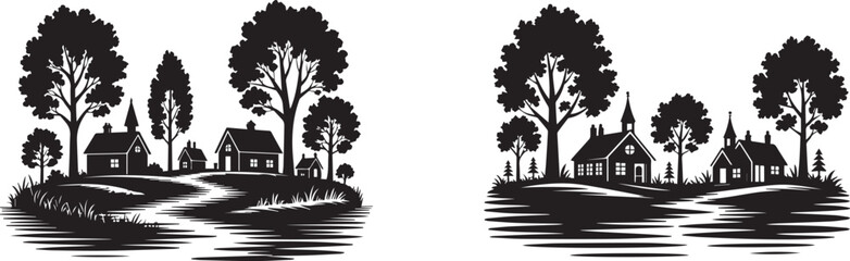 Countryside Village Landscape with Houses and Trees. Vintage Rural Vector Scene