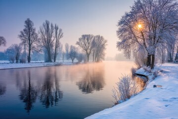Winter sunrise over a frozen river.  Trees covered in frost