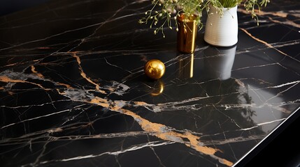 Black marble with white and gold veining, high gloss finish, ambient light reflections