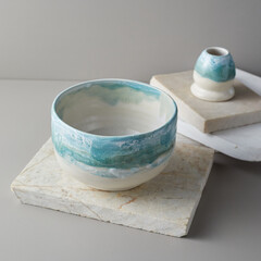 Tea bowl ceramic on gray background.