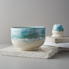 Tea bowl ceramic on gray background.