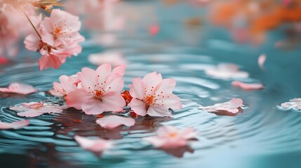 Delicate pink cherry blossoms floating on rippled water.