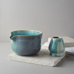 Tea bowl ceramic on gray background.