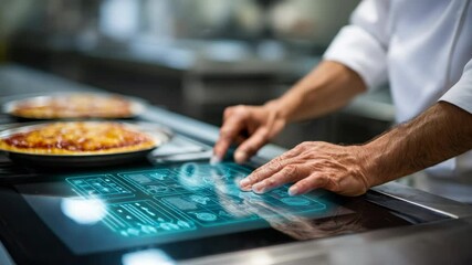 Chef using futuristic touchscreen interface modern kitchen for pizza preparation, showcasing advanced technology, innovation, efficiency, digital culinary creativity, interactive food preparation - Powered by Adobe