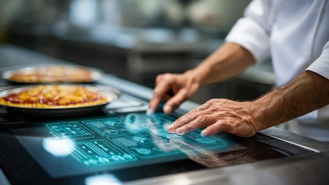 Chef using futuristic touchscreen interface modern kitchen for pizza preparation, showcasing advanced technology, innovation, efficiency, digital culinary creativity, interactive food preparation