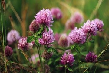 Clover blooms in a grassy field Wild medicinal herb cluster