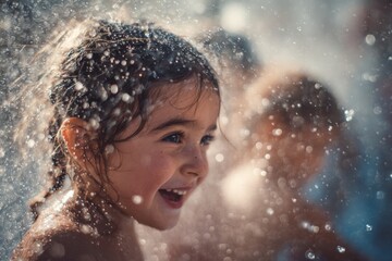 Happy child playing in water with droplets, joyful expression, sunlit outdoor environment, ideal for family, childhood, or summer fun content