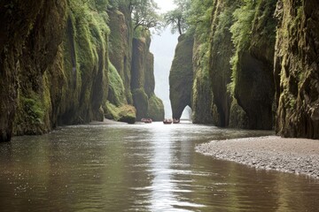 A narrow gorge, river, and rafts