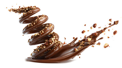 Chocolate splashes in a spiral shape with crushed pecan nuts isolated on a white background