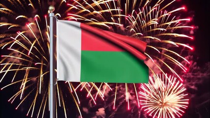 National flag independence state Madagascar, background fireworks. AI Generative