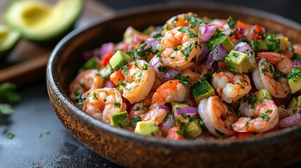 Zesty Shrimp Ceviche Delightful Mix of Fresh Avocado Red Onion and Cilantro in a Rustic Bowl Dark Backdrop