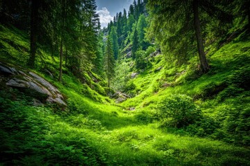 Lush green valley nestled amidst towering pines