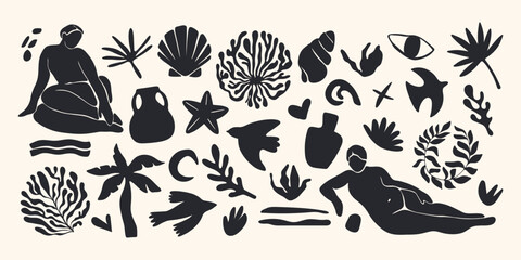 Abstract nature shapes. Sea floral elements, modern botanical cut out silhouettes, contemporary fauvism naive plants woman body figure algae vase seashells. Vector clipart set