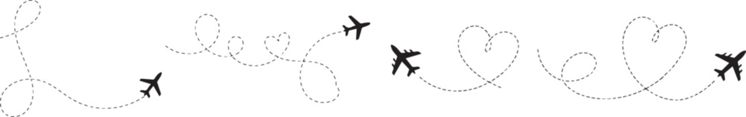 Airplane Flight Path with Heart Shapes and Loops Travel Vector Illustration