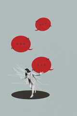Vertical image photo collage of happy girl guy stand bubble communication chatterbox speech...