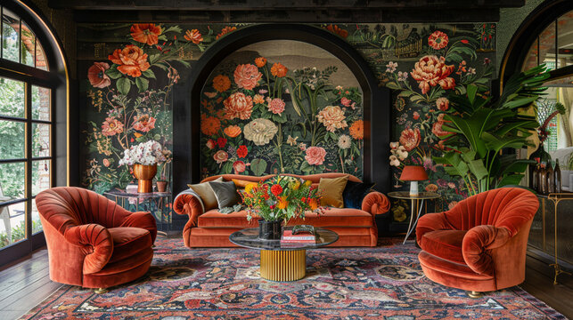 Maximalist living room featuring bold floral wallpaper, layered vintage rugs, velvet armchairs, and gold accents.