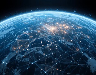 Ultra detailed conceptual image of satellite network constellation covering Earth, digital data lines connecting devices, dark space background
