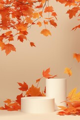 Two white display podiums with falling orange maple leaves. Autumn product backdrop for cosmetic branding or seasonal celebration.