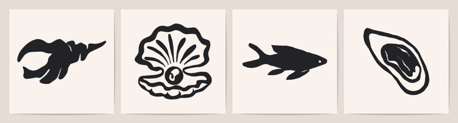 Sea life elements. Contemporary abstract minimal art prints, marine creatures seashell, sea pearl, shark, oyster hand drawn ink style for poster design. Vector abstract set