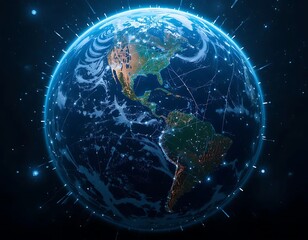 Fototapeta premium Ultra detailed conceptual image of satellite network constellation covering Earth, digital data lines connecting devices, dark space background 