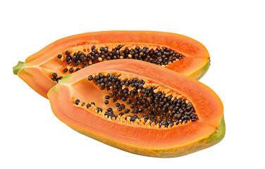 Fresh tropical papaya fruit cut in half showcasing vibrant orange flesh and dark seeds on white background