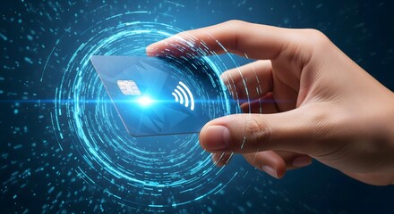 Hand holding a contactless payment card showcasing secure digital transaction technology, modern finance, and cashless payment methods.