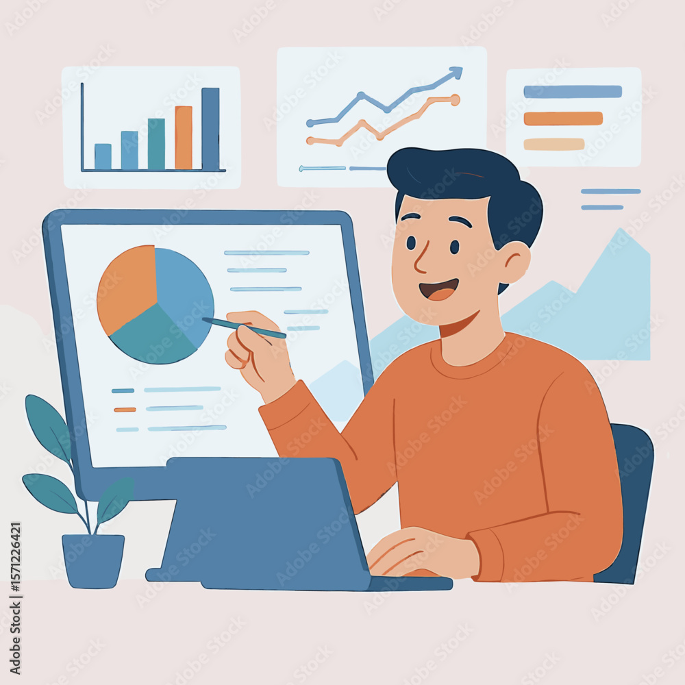 Poster smiling analyst presenting data charts and graphs on computer screen