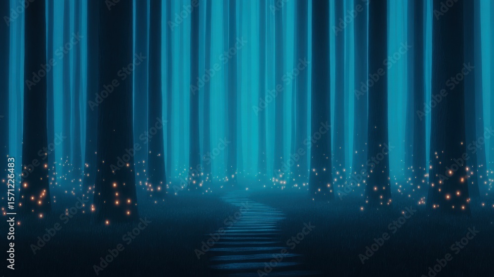 Poster a forest with a path that is lit up with fireflies