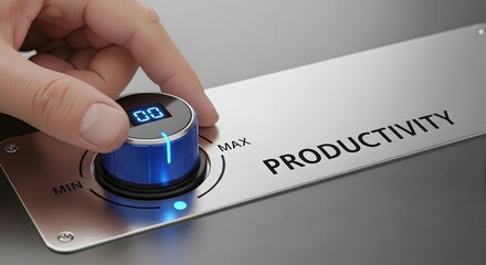 Productivity control knob with hand turning it to max, symbolizing efficiency and performance increase with enhanced business focus.