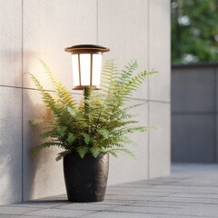 Serene garden lamp with vibrant green fern creating a peaceful ambiance for outdoor living space design
