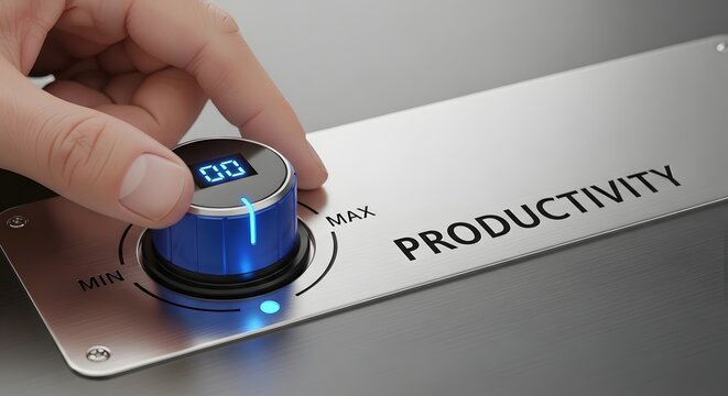 Productivity control knob with hand turning it to max, symbolizing efficiency and performance increase with enhanced business focus.